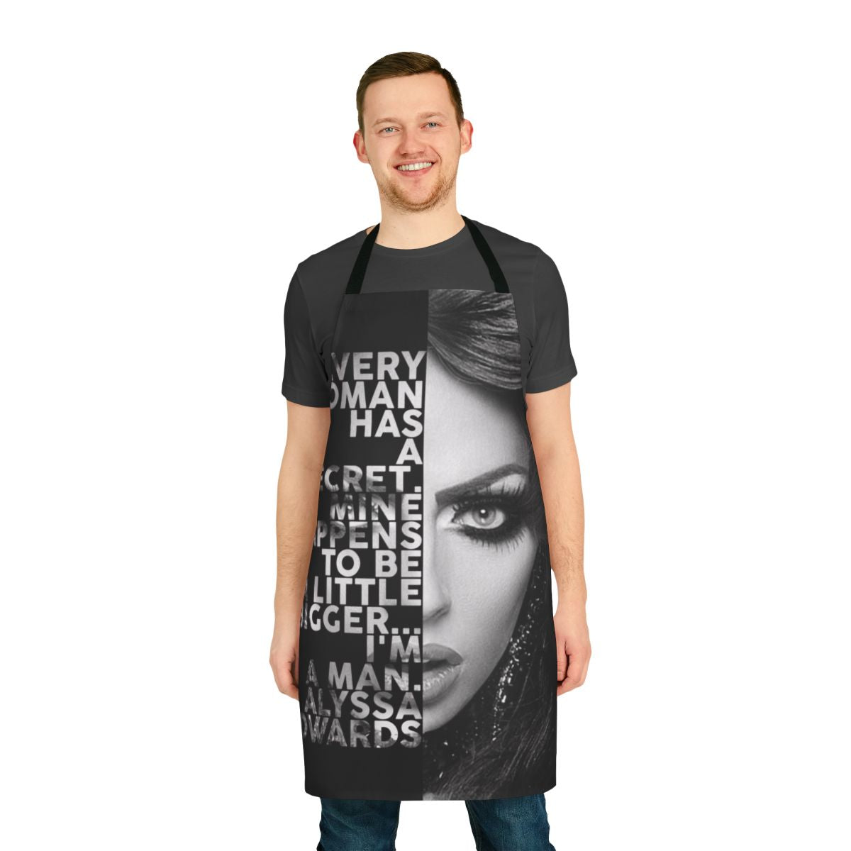 Alyssa Edwards inspired black and white text portrait design on an apron