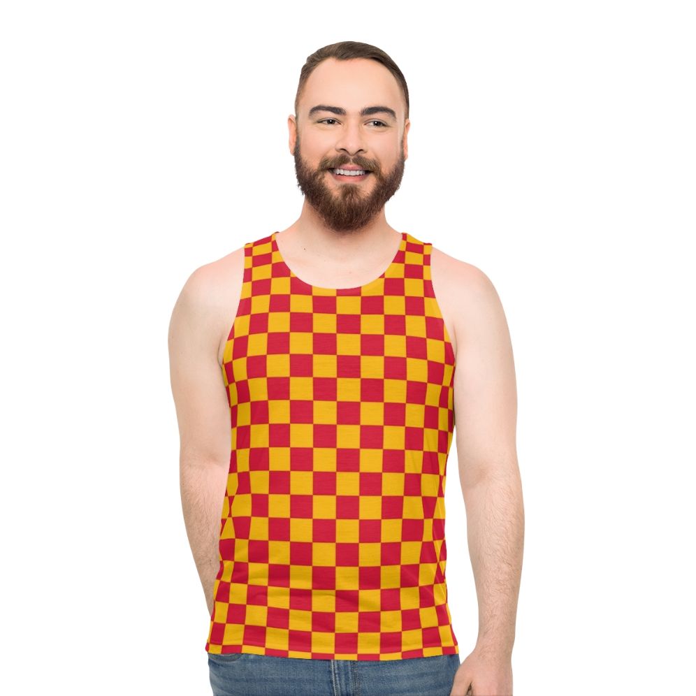Amber orange and crimson red checkered unisex tank top