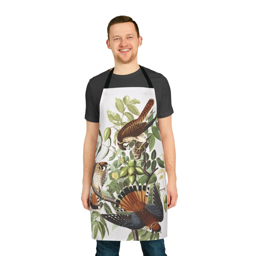 An apron featuring a detailed illustration of an American Kestrel, a small bird of prey, in the style of renowned naturalist artist John James Audubon.