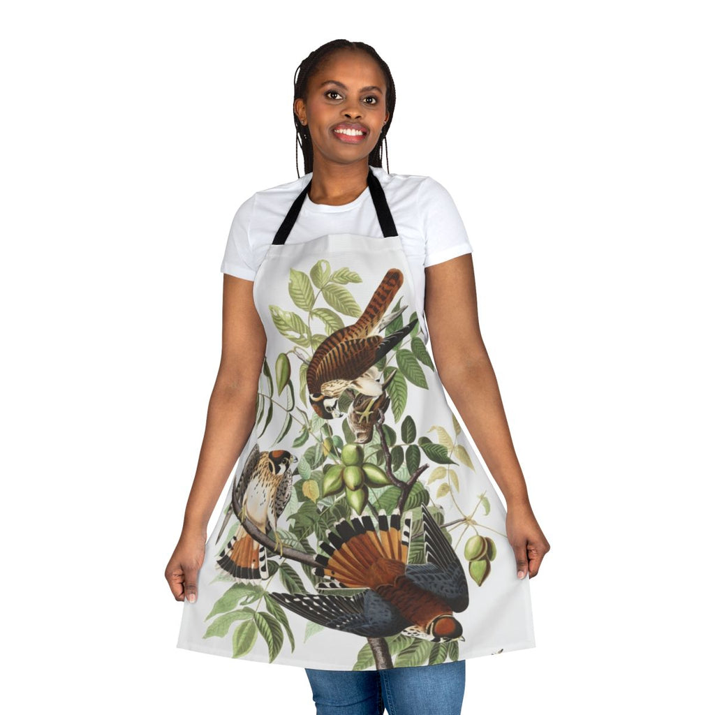 An apron featuring a detailed illustration of an American Kestrel, a small bird of prey, in the style of renowned naturalist artist John James Audubon.