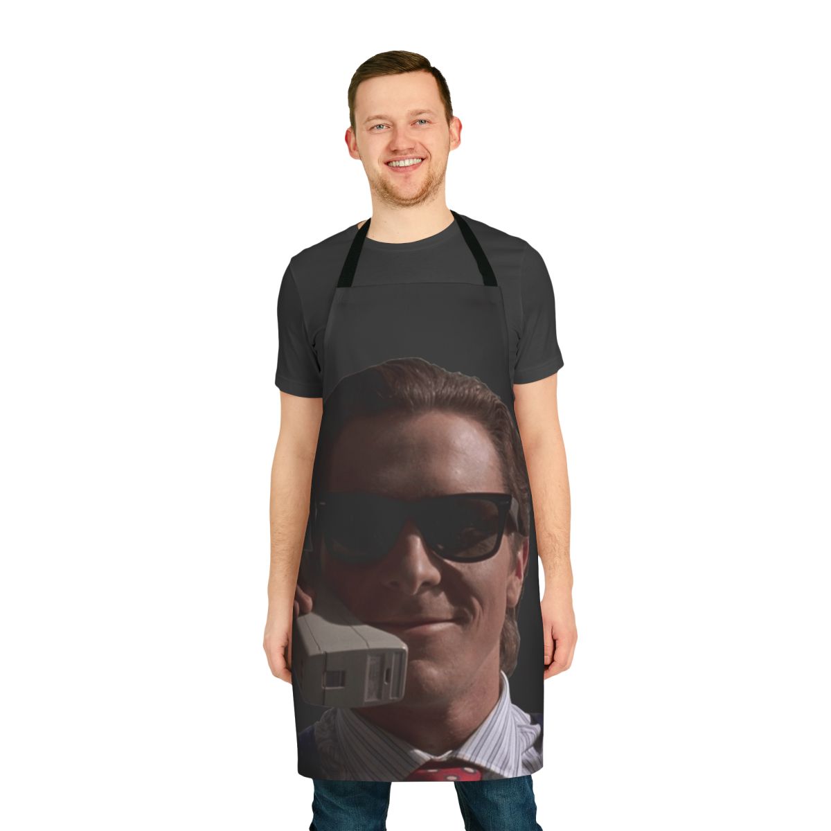 American Psycho inspired apron featuring Patrick Bateman on a cell phone