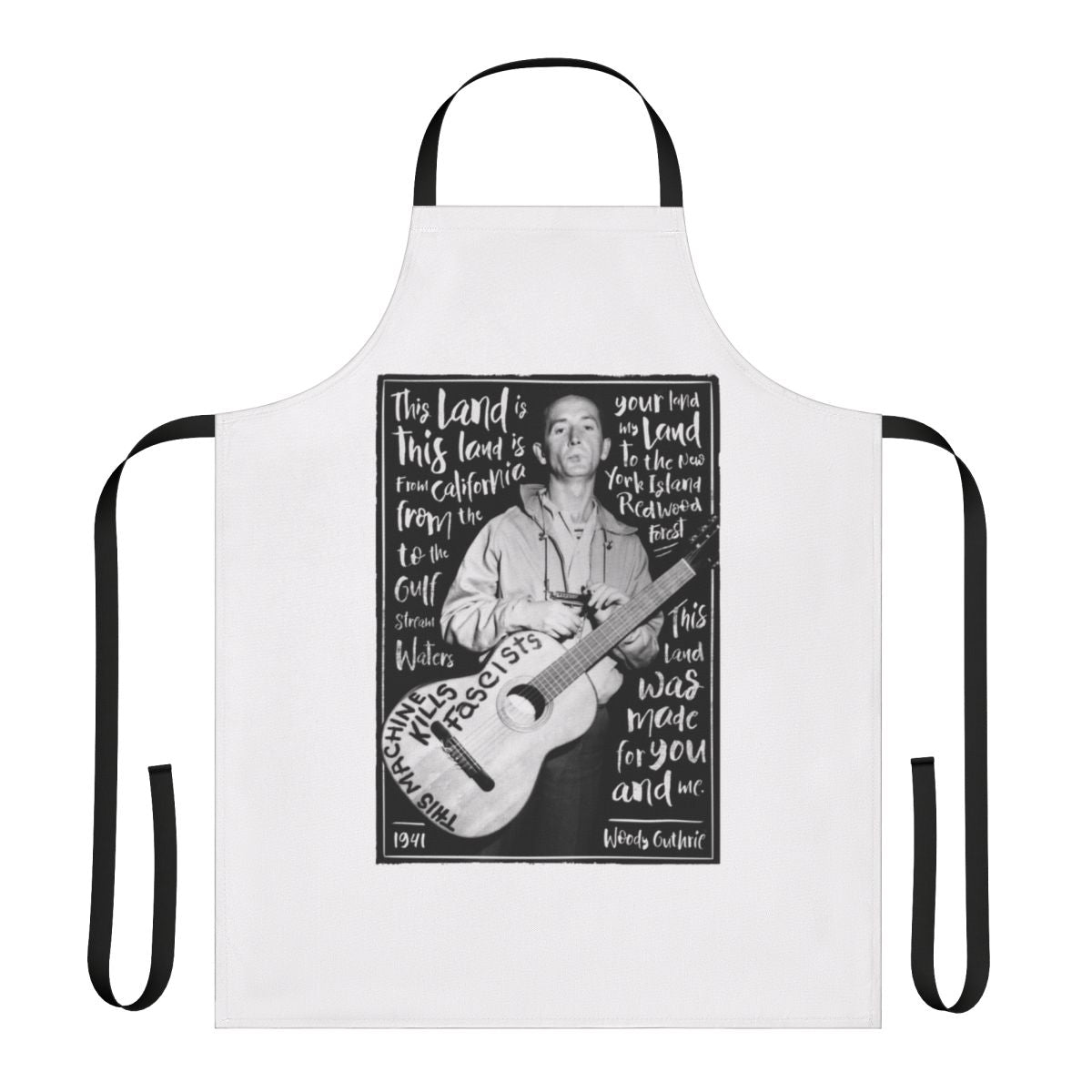 Woody Guthrie-inspired apron with "This Land Is Your Land" text and American imagery