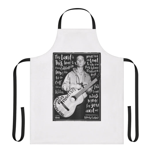 Woody Guthrie-inspired apron with "This Land Is Your Land" text and American imagery