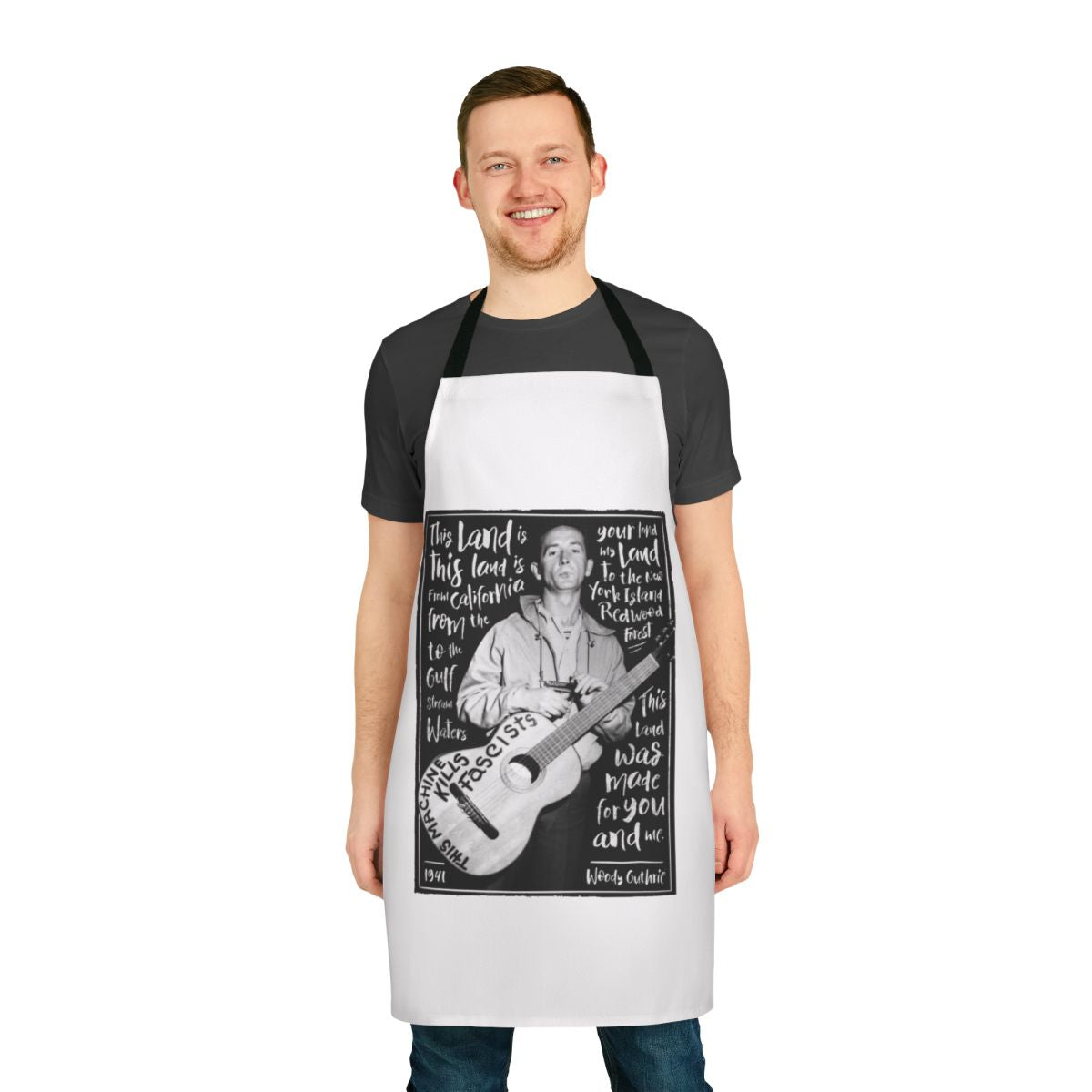 Woody Guthrie-inspired apron with "This Land Is Your Land" text and American imagery