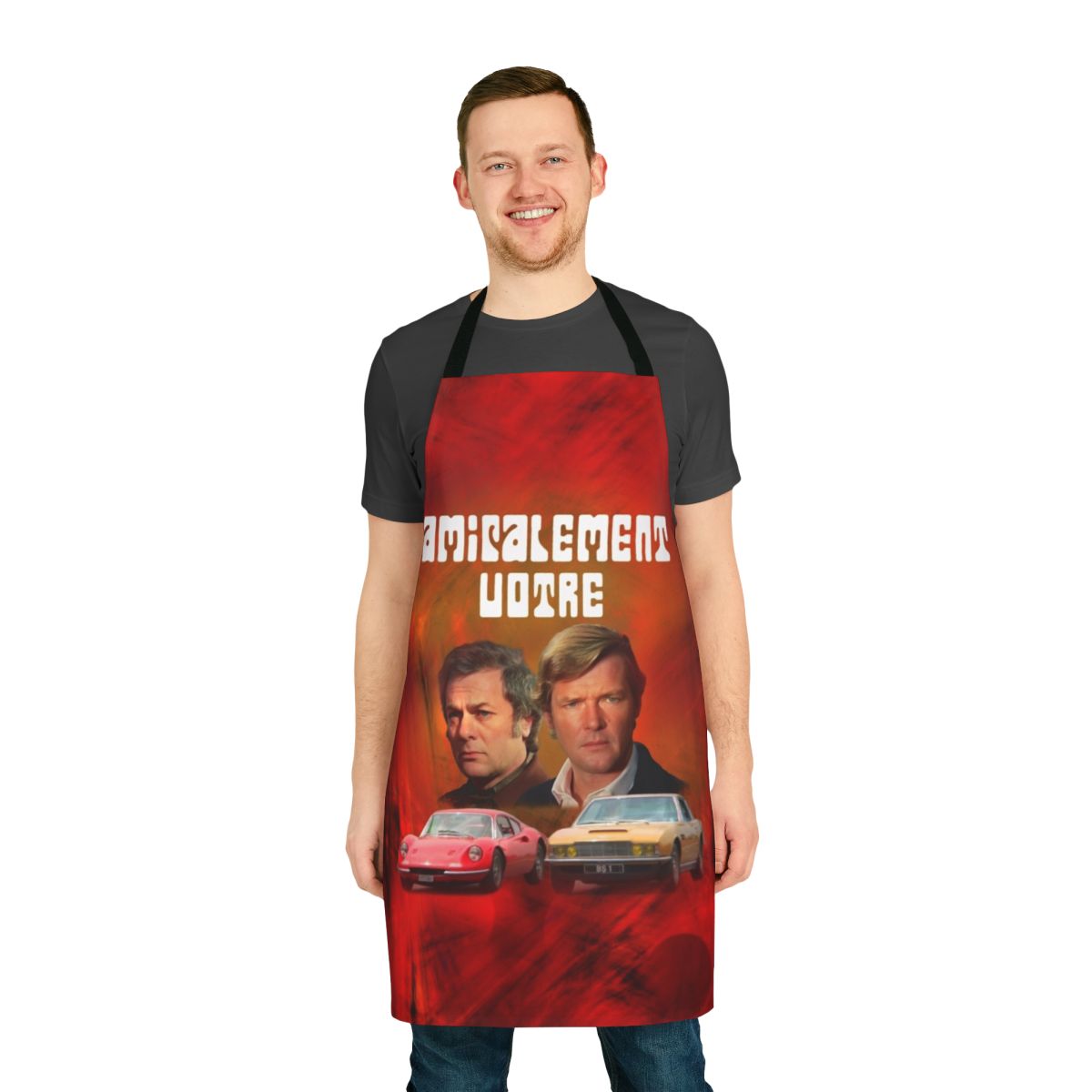 Amicalement Votre inspired cooking apron with a stylish design