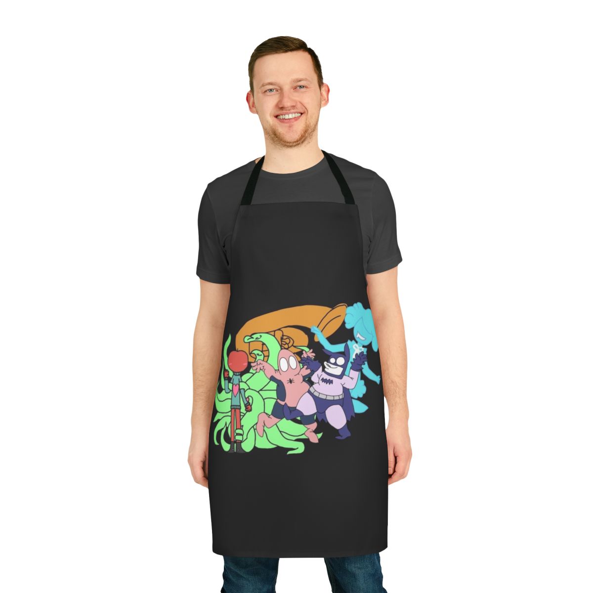 Cartoon apron featuring the characters Baman and Piderman