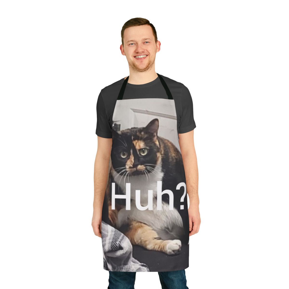 Whimsical apron featuring a humorous cat design