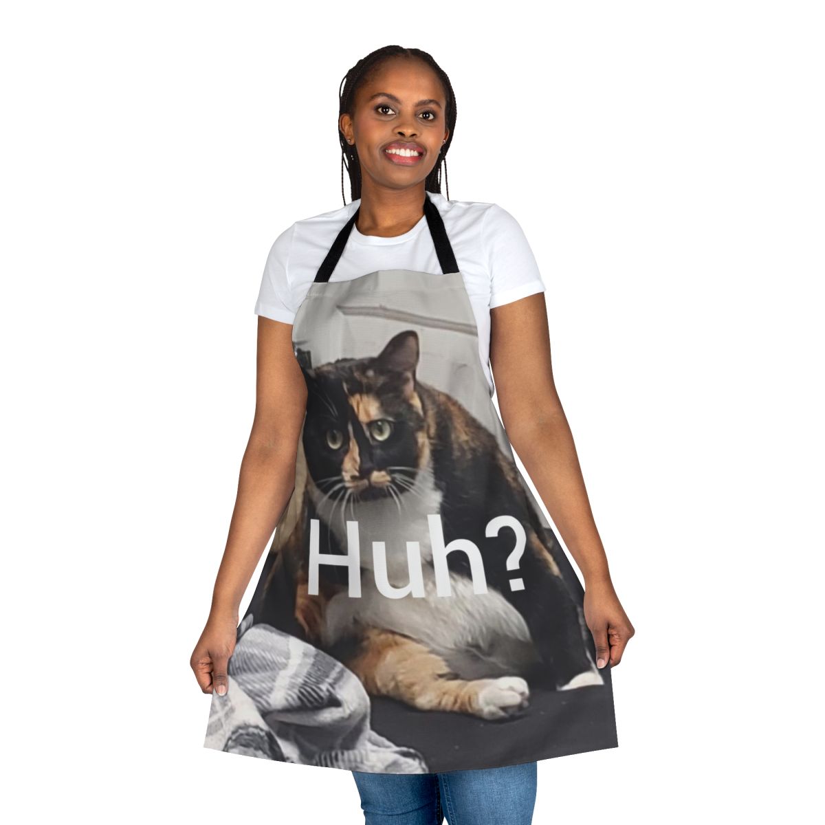 Whimsical apron featuring a humorous cat design