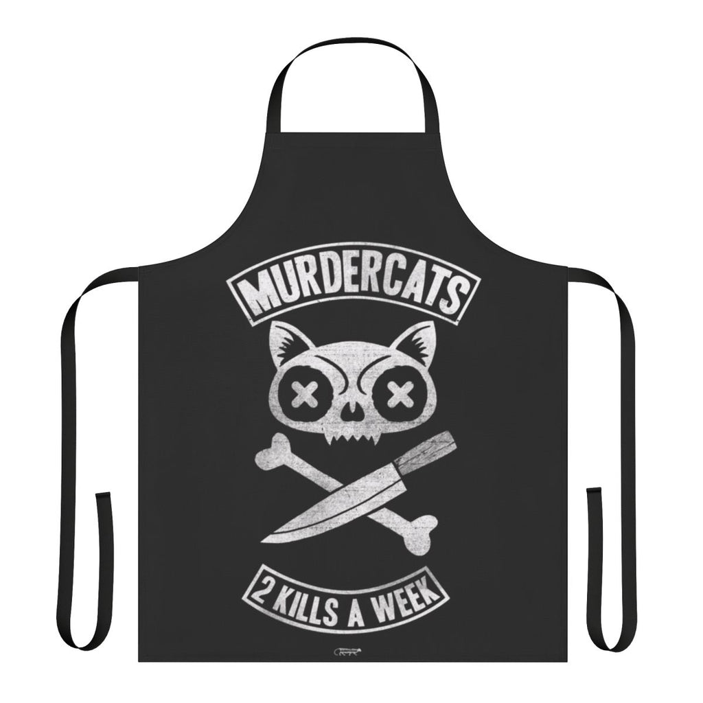 Photograph of a black and white cat-themed apron with the text "Murdercats" printed on it.
