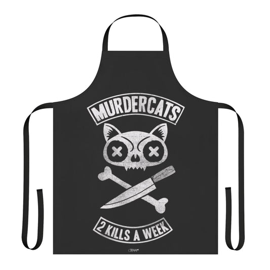 Photograph of a black and white cat-themed apron with the text "Murdercats" printed on it.