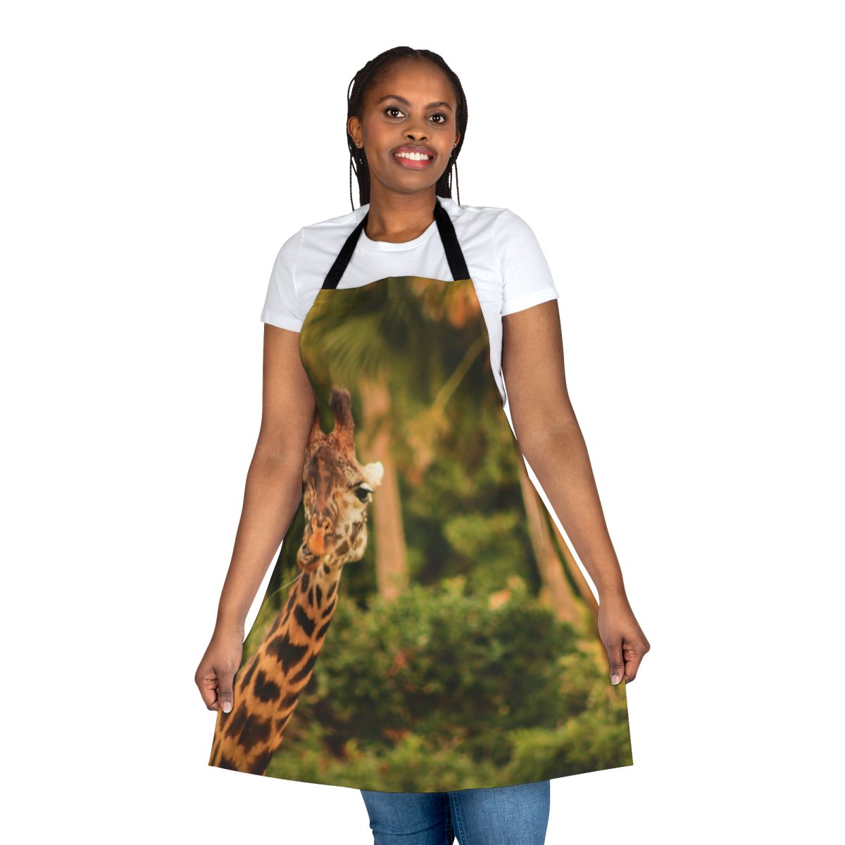 Vibrant giraffe-patterned apron with a humorous "Say What?" design