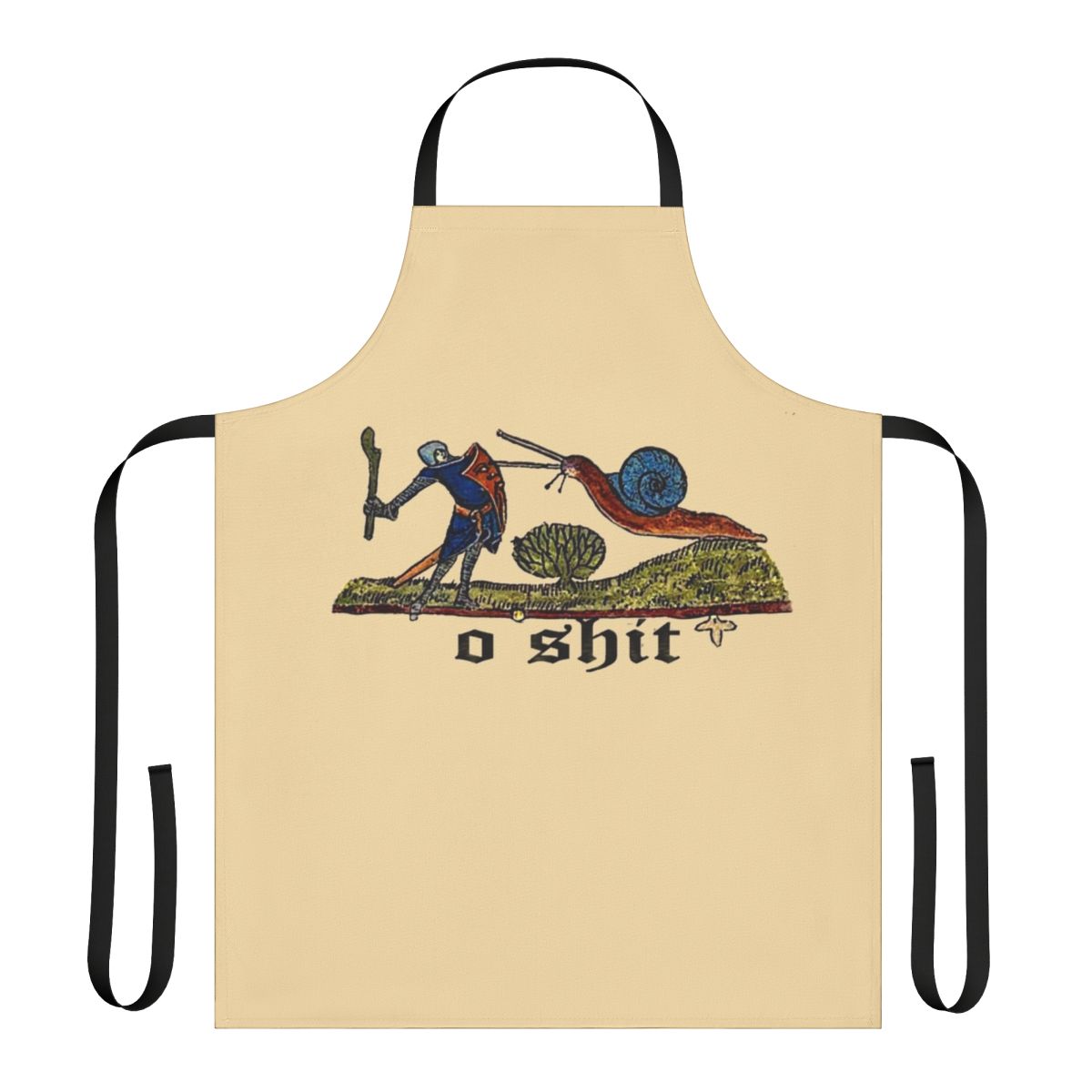 Illustration of a medieval knight fighting a snail on an apron