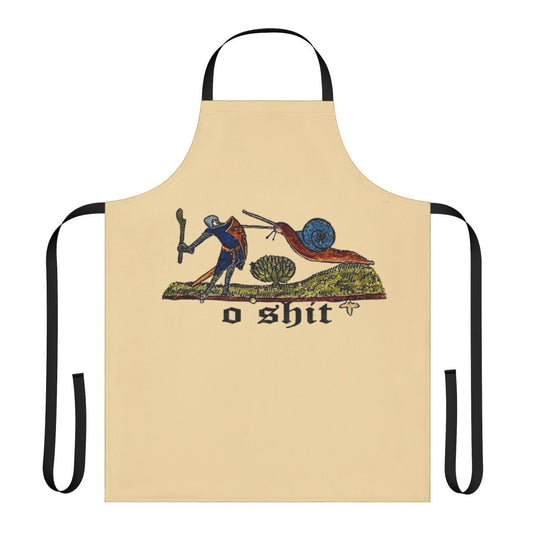 Illustration of a medieval knight fighting a snail on an apron