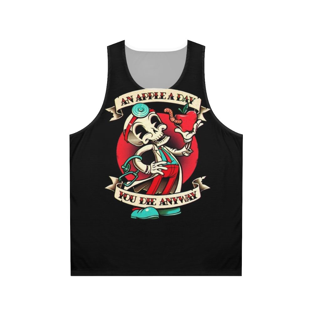 Unisex tank top with skeleton design and apple pun
