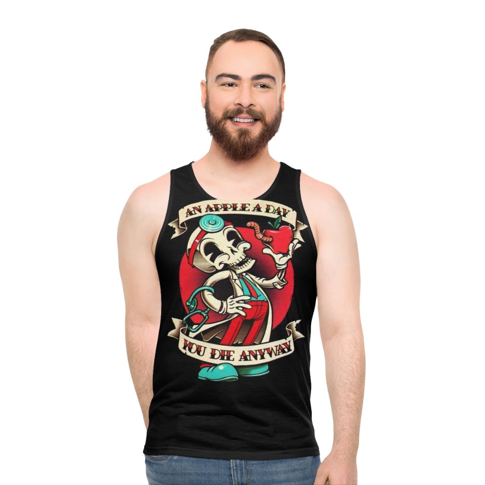 Unisex tank top with skeleton design and apple pun