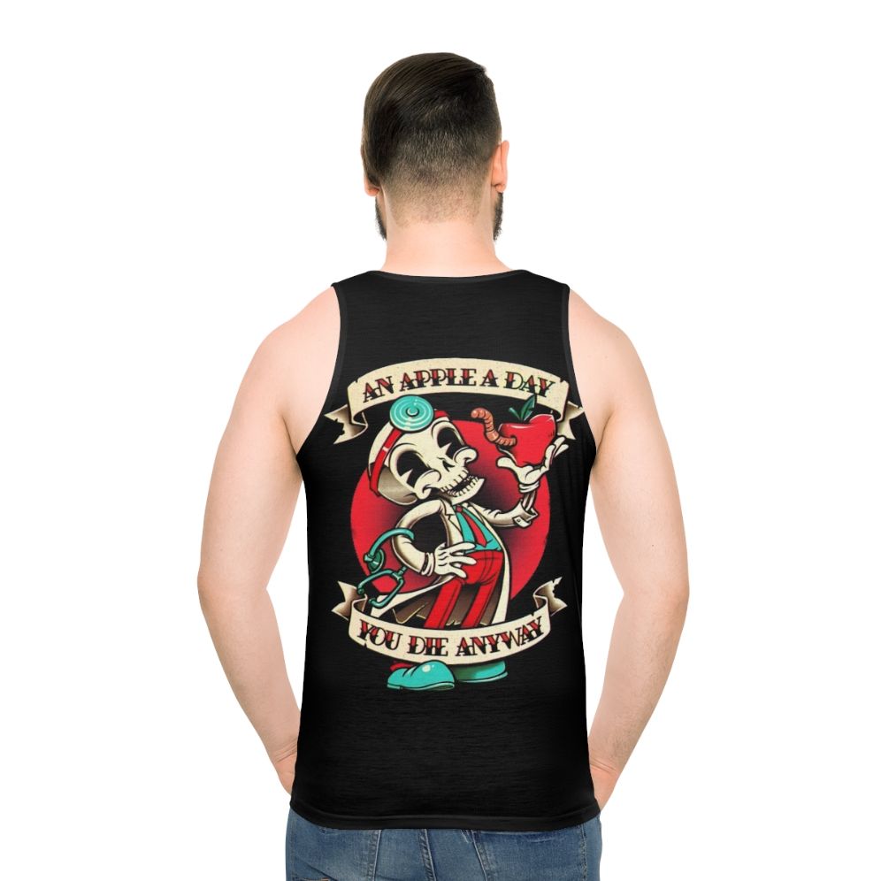 Unisex tank top with skeleton design and apple pun