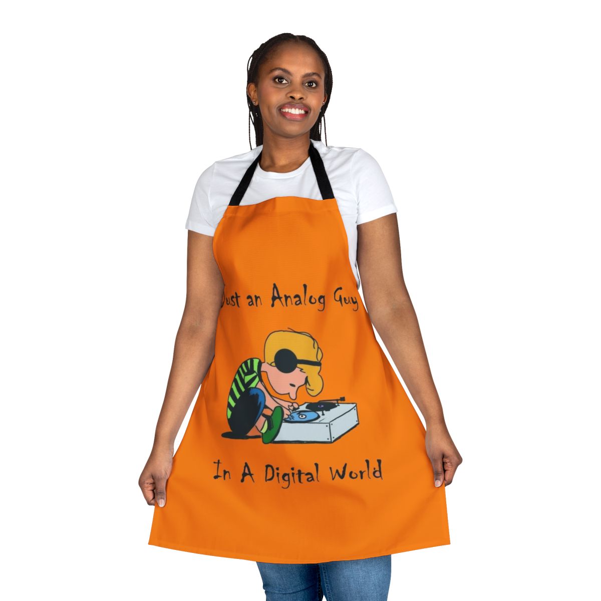 "Analog-Inspired Apron Featuring Electronic Music Genres"