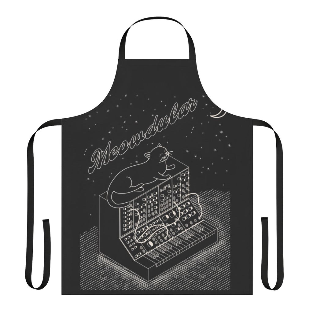Apron featuring a cartoon cat playing an analog modular synthesizer