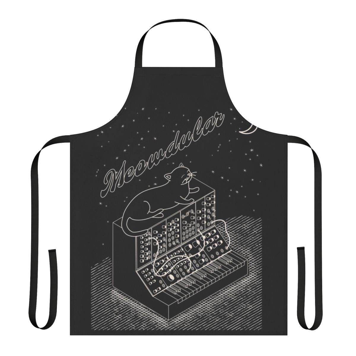 Apron featuring a cartoon cat playing an analog modular synthesizer