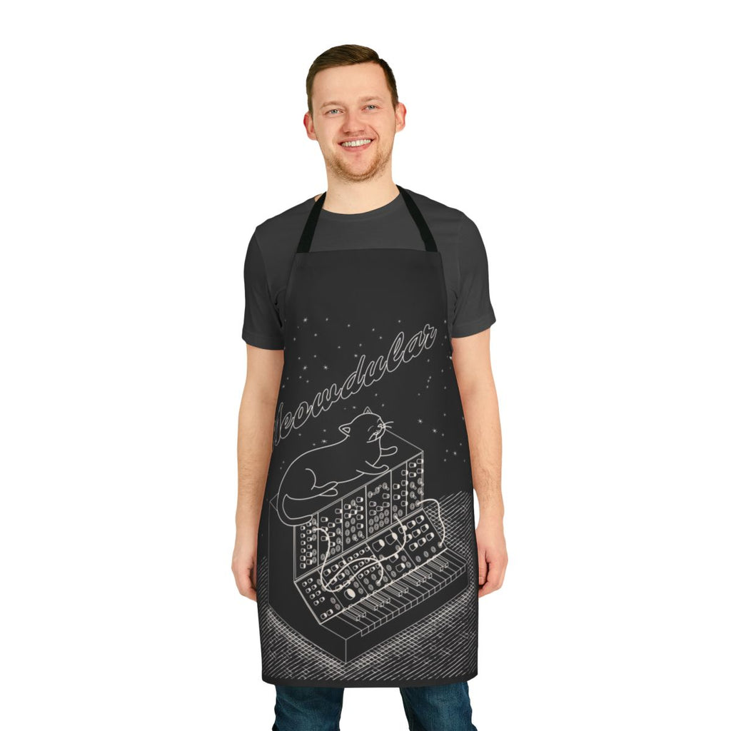 Apron featuring a cartoon cat playing an analog modular synthesizer