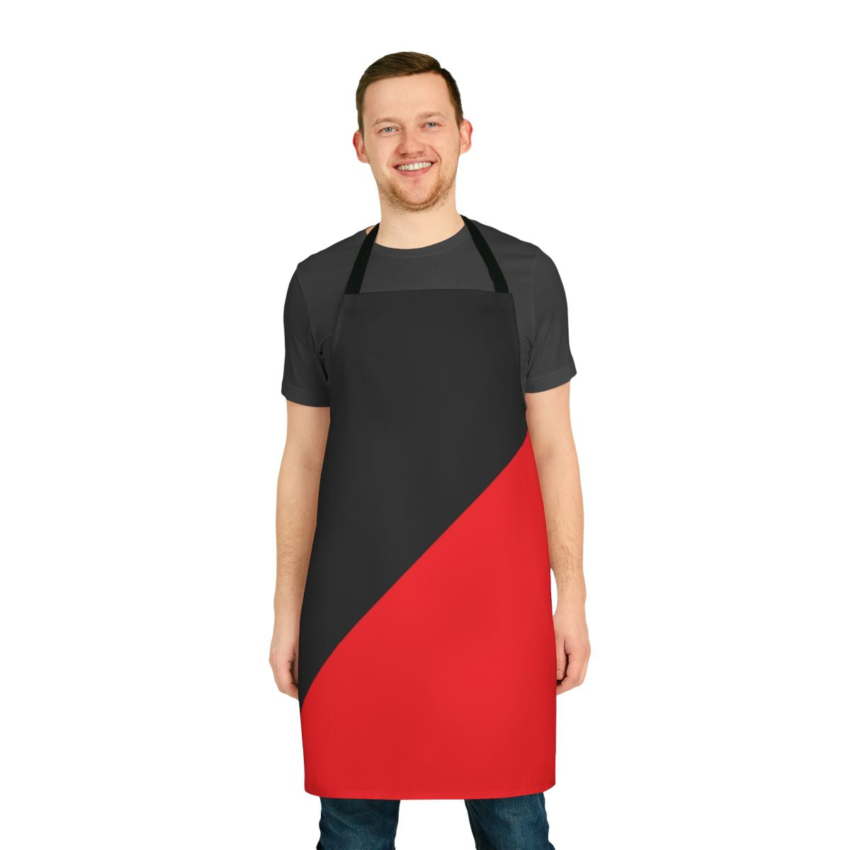 Anarcho-communist inspired black and red apron with bold political graphics