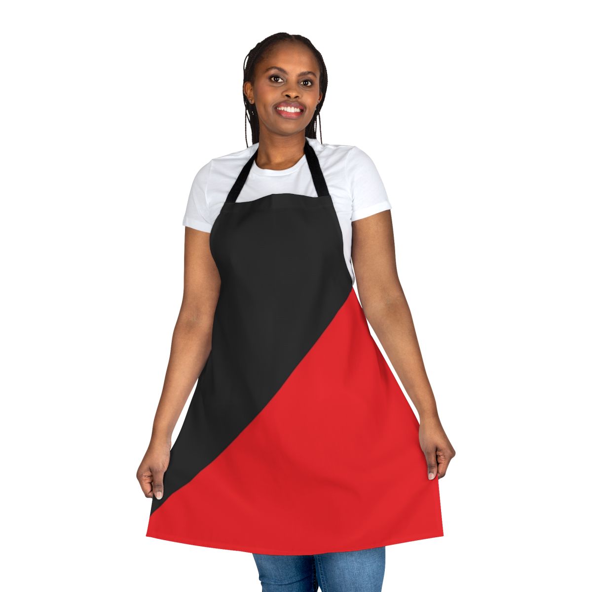 Anarcho-communist inspired black and red apron with bold political graphics