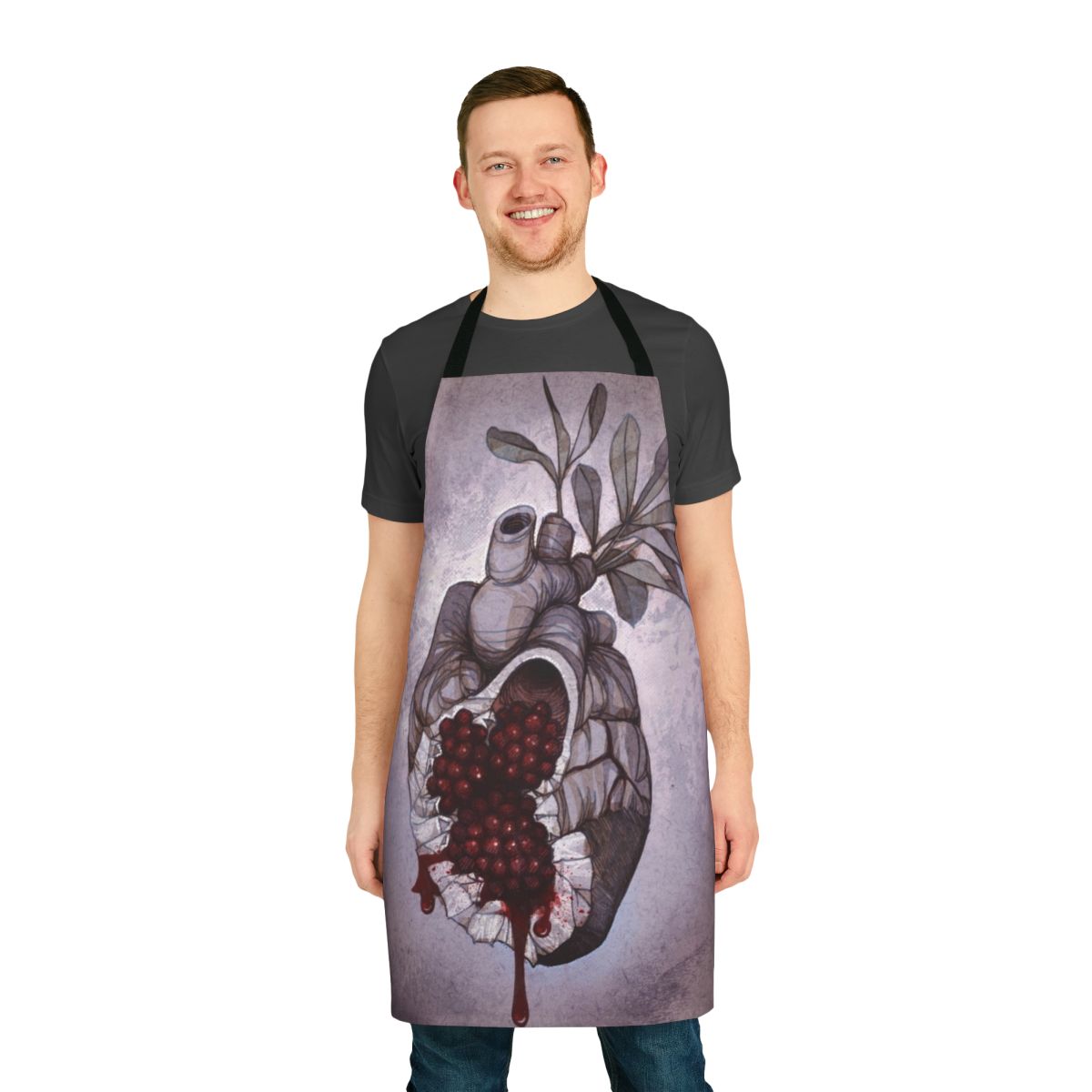 Anatomical heart-shaped apron with pomegranate and cthonic design, inspired by Greek mythology