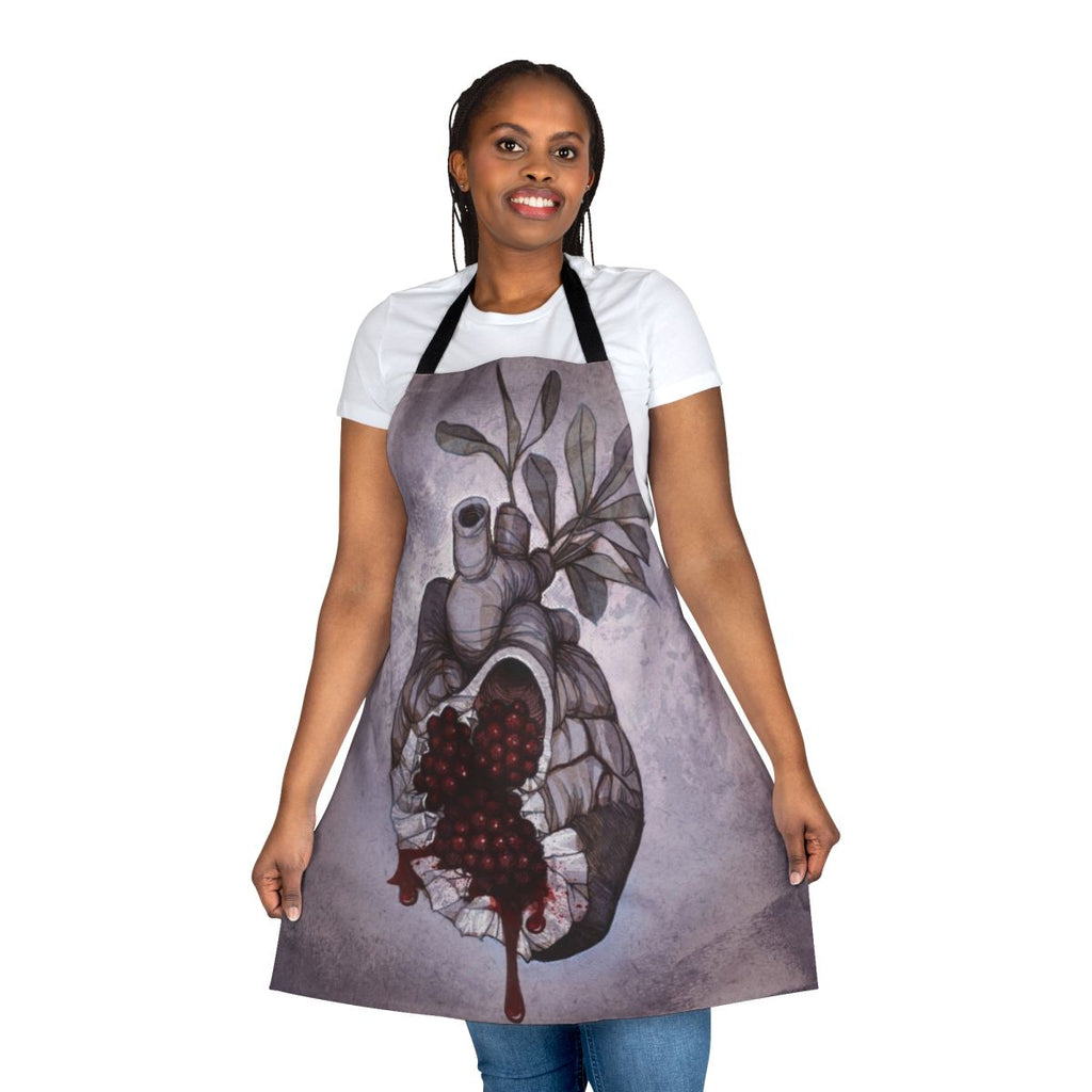 Anatomical heart-shaped apron with pomegranate and cthonic design, inspired by Greek mythology