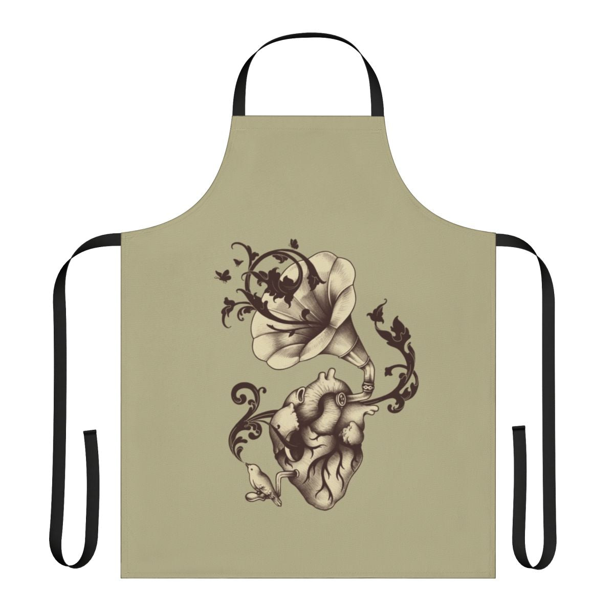 Apron featuring an anatomical heart design with vintage music elements and nature imagery
