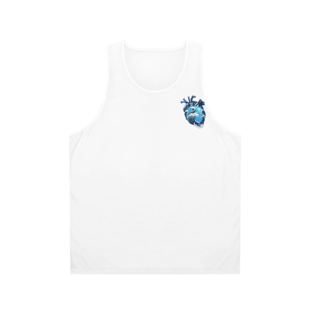Unisex tank top with anatomical heart and ocean wave pattern