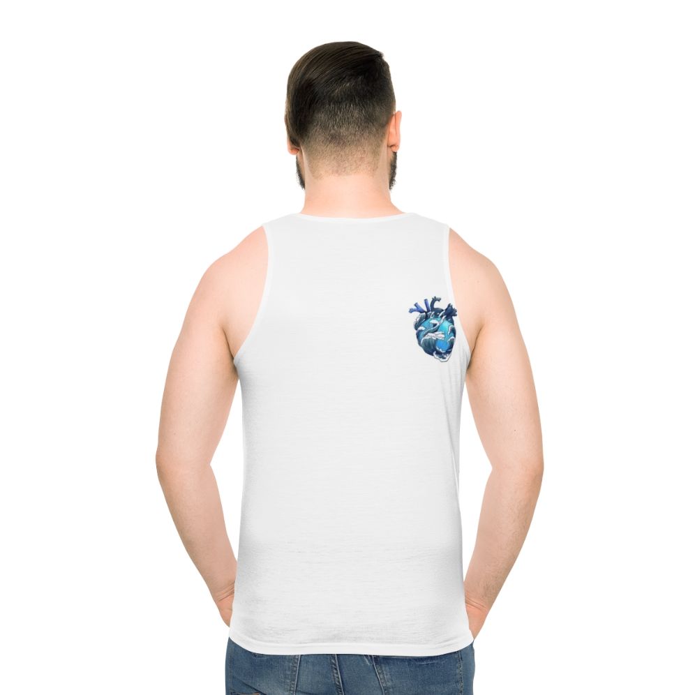 Unisex tank top with anatomical heart and ocean wave pattern