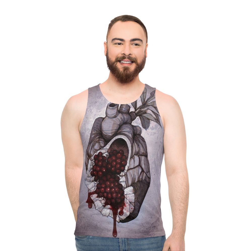 Unisex tank top featuring an anatomical heart design with pomegranate elements based on the Greek mythology of Hades and Persephone