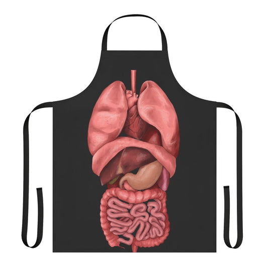 Apron featuring a detailed watercolor illustration of the human internal organs, including the heart, lungs, digestive system, and lymphatic system.