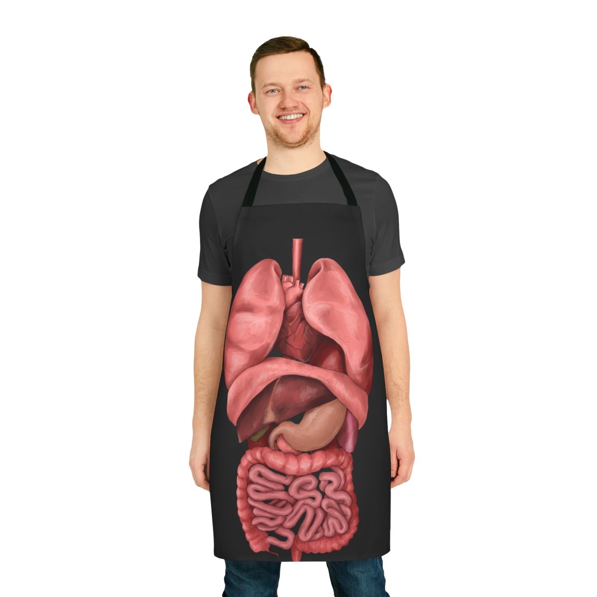 Apron featuring a detailed watercolor illustration of the human internal organs, including the heart, lungs, digestive system, and lymphatic system.