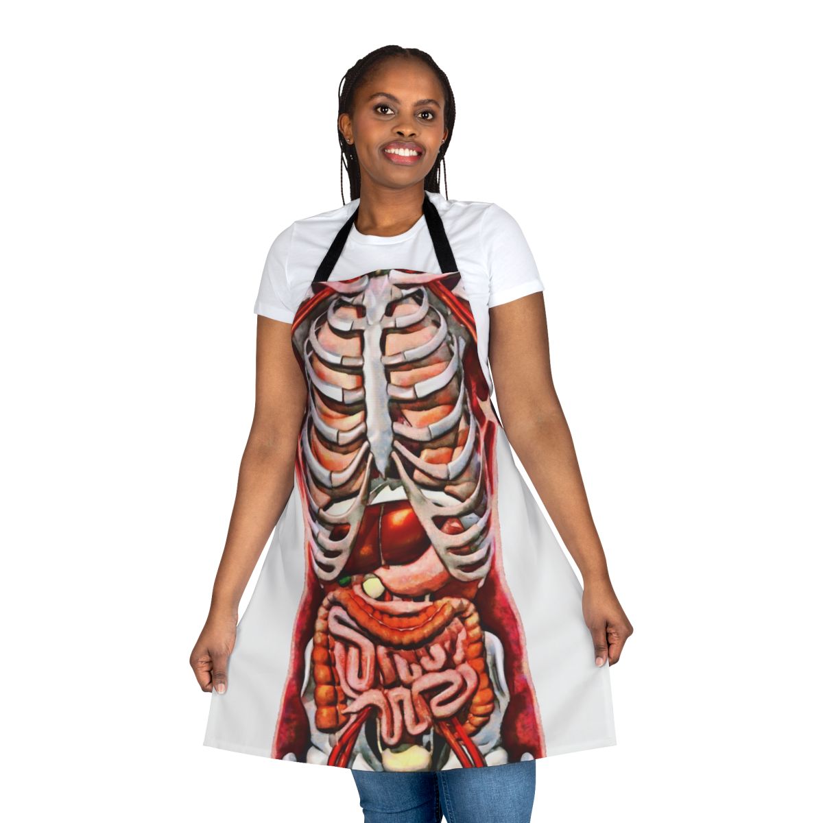 Anatomical skeleton apron showing detailed human internal organs and digestive/respiratory systems