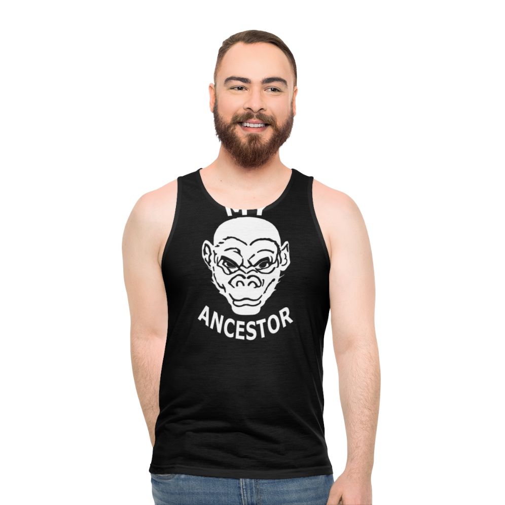 Unisex tank top with ancestral design and primate inspired graphics