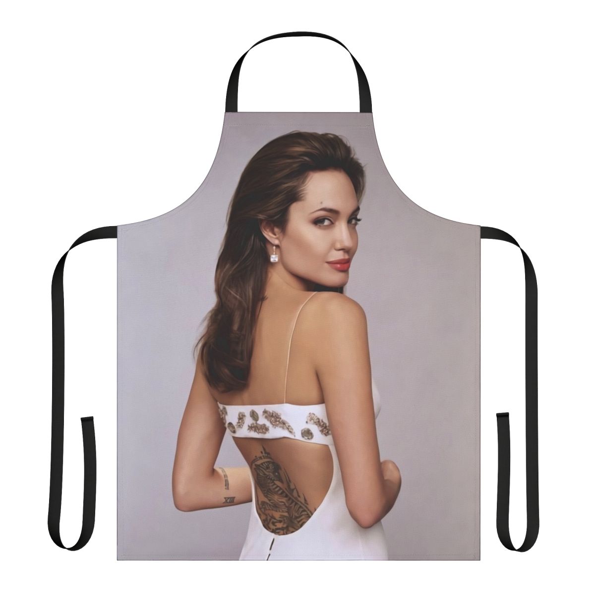 Angelina Jolie inspired tattoo design printed on a high-quality kitchen apron