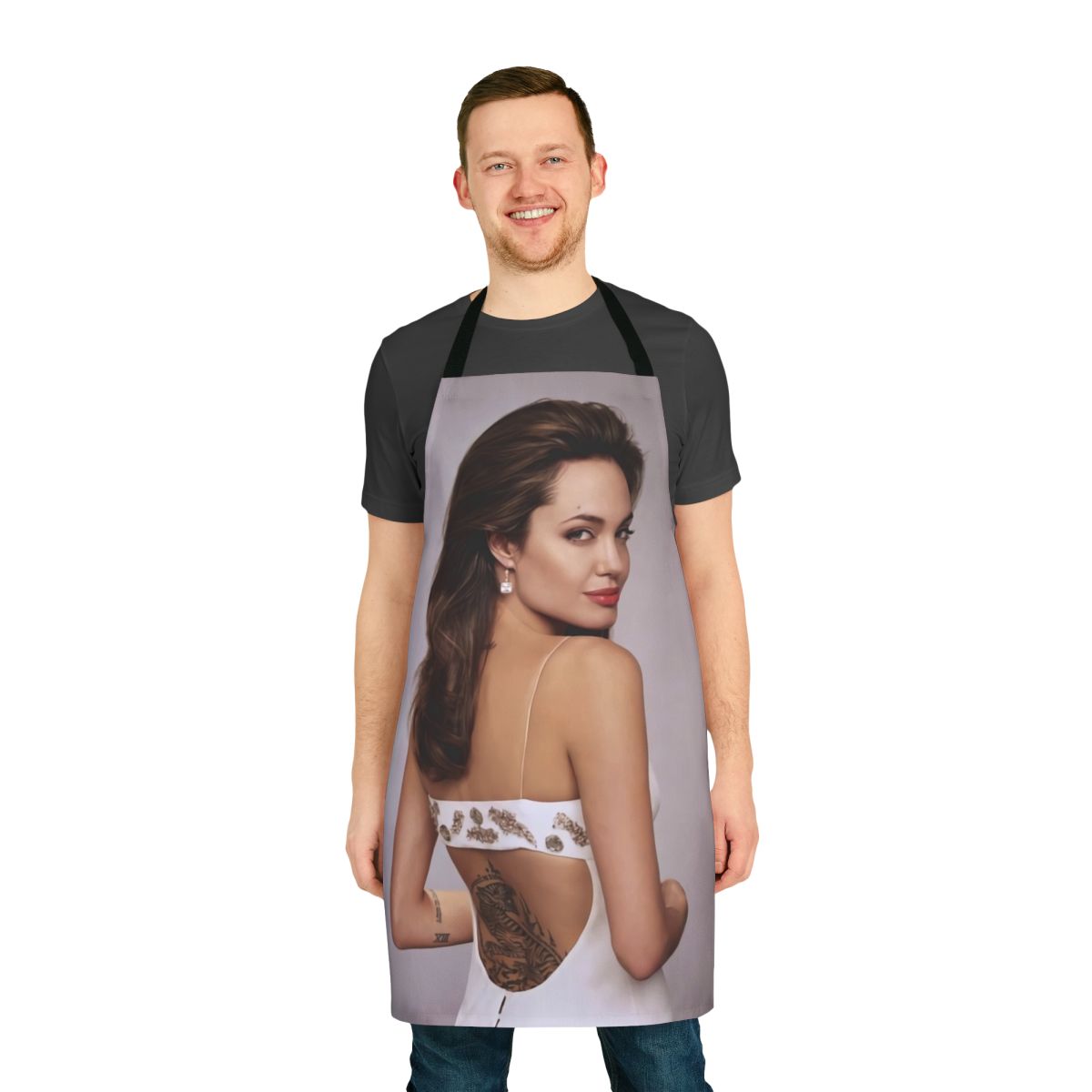 Angelina Jolie inspired tattoo design printed on a high-quality kitchen apron