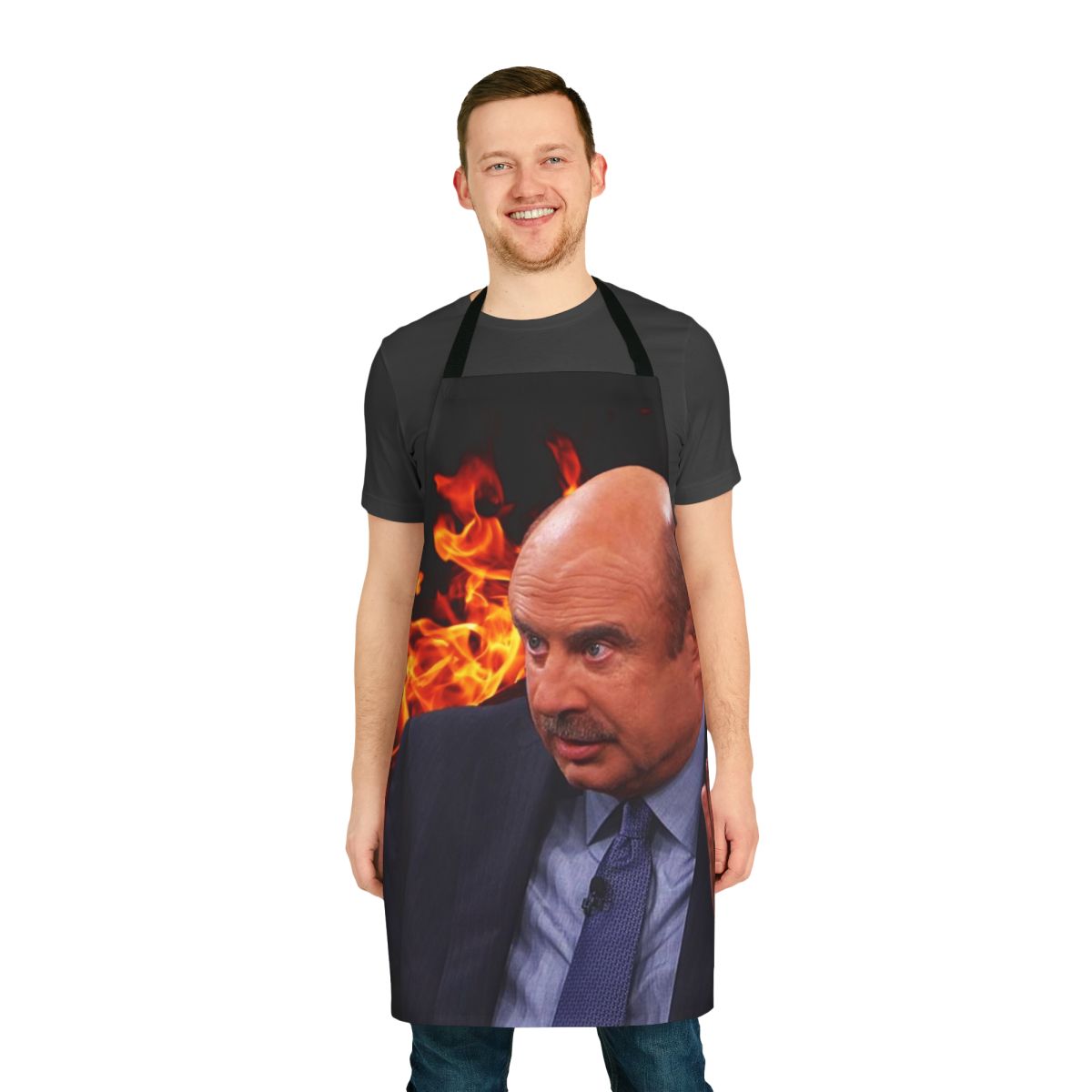 Angry, photoshopped image of Dr. Phil on a custom apron