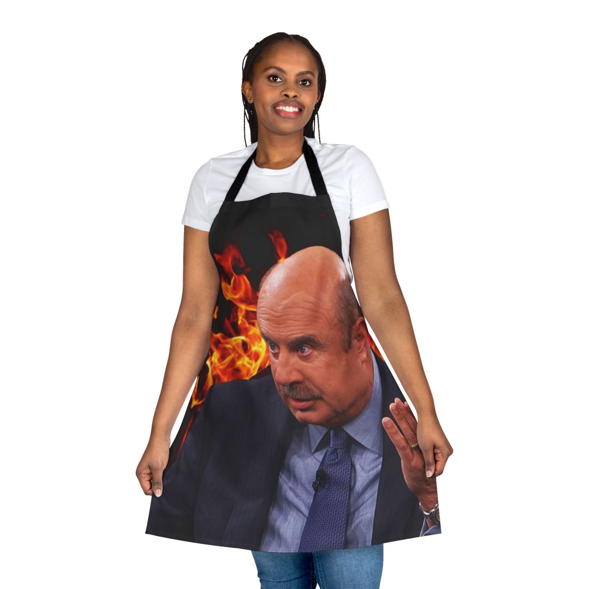 Angry, photoshopped image of Dr. Phil on a custom apron