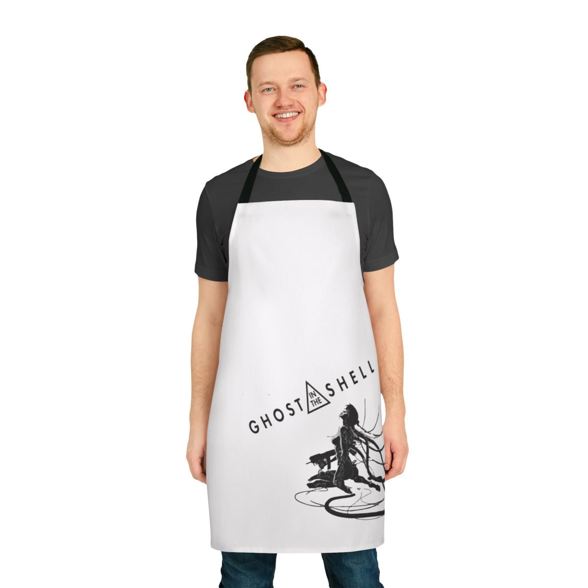 Motoko Kusanagi, the iconic protagonist from the Ghost in the Shell anime and manga series, featured on a high-quality kitchen apron.