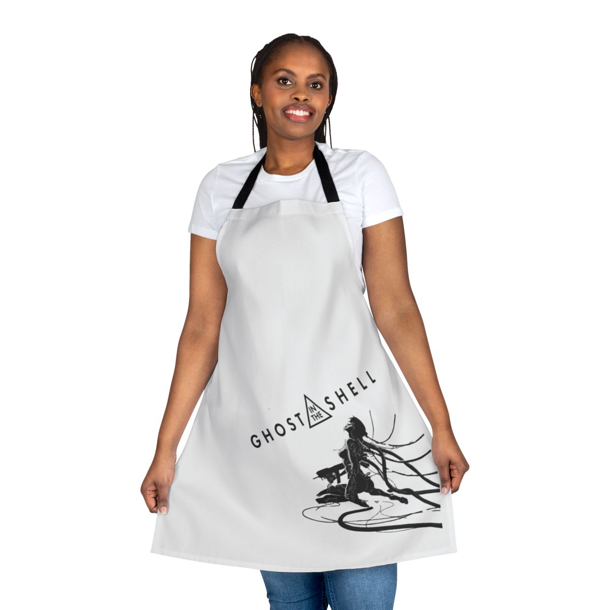 Motoko Kusanagi, the iconic protagonist from the Ghost in the Shell anime and manga series, featured on a high-quality kitchen apron.