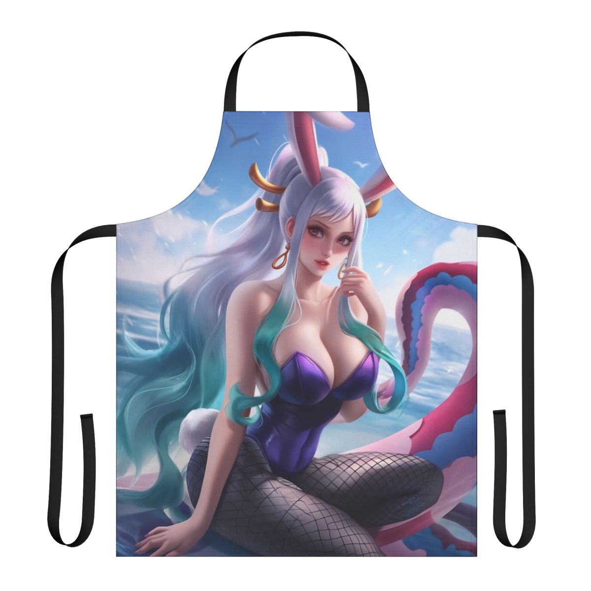 An anime-styled apron design featuring a bunny girl with oni horns.
