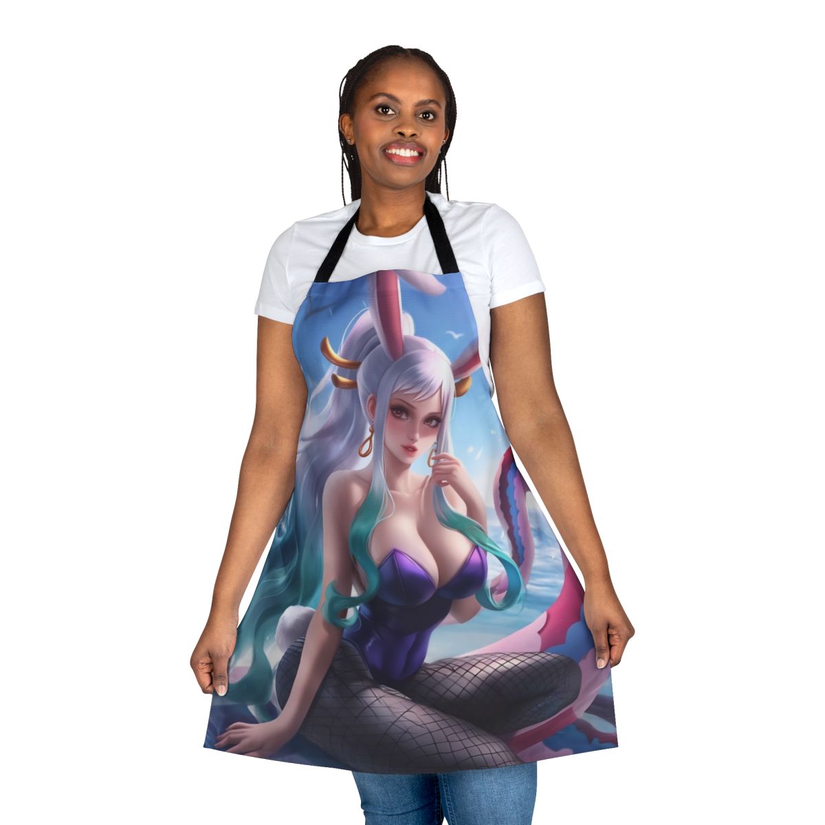 An anime-styled apron design featuring a bunny girl with oni horns.