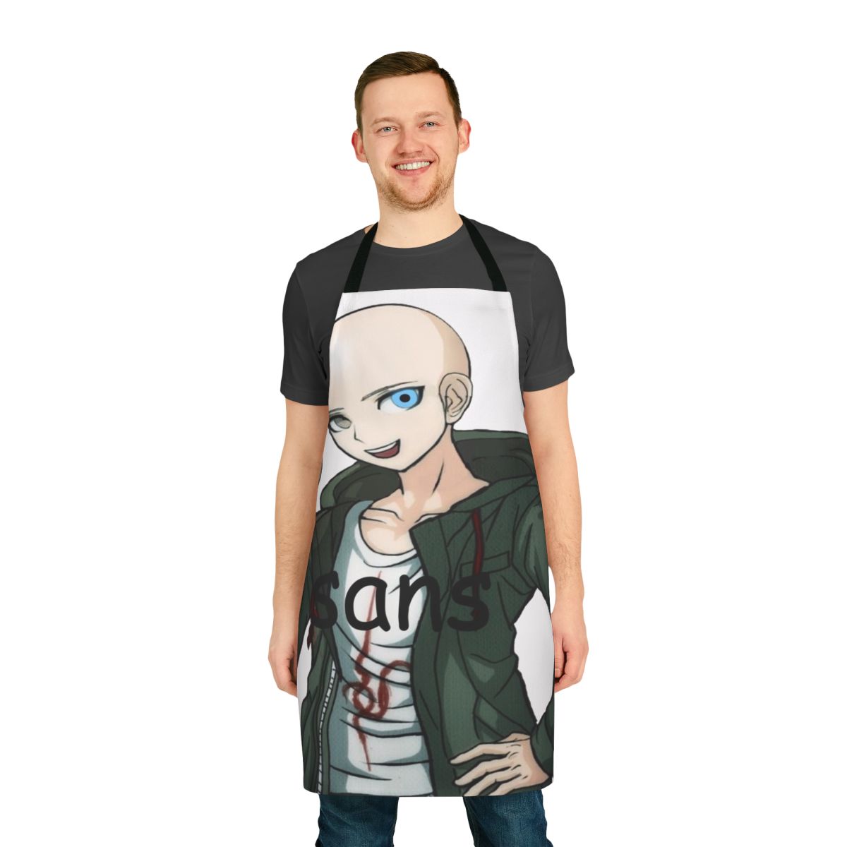 Anime-style apron featuring Komaeda from Danganronpa and Sans from Undertale