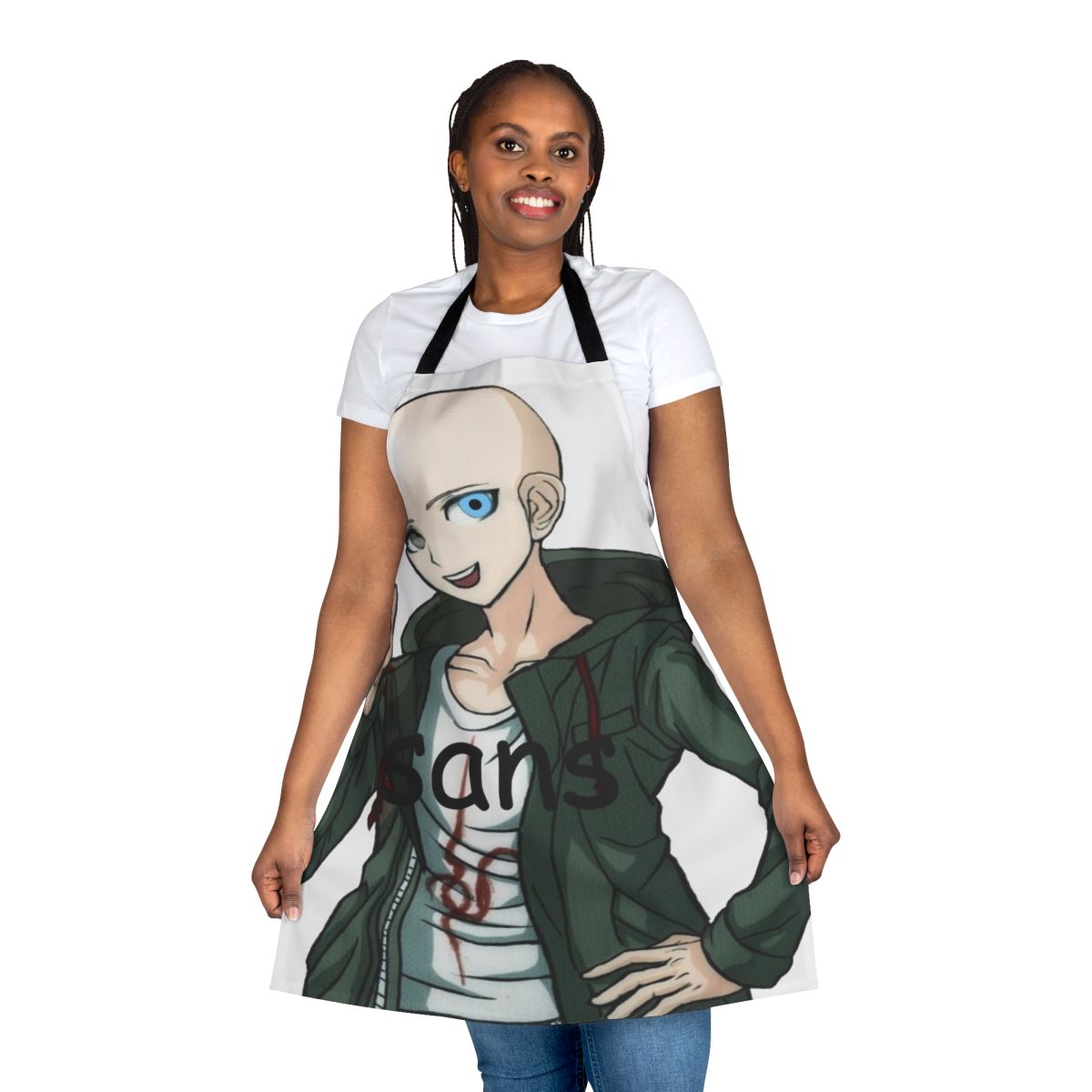 Anime-style apron featuring Komaeda from Danganronpa and Sans from Undertale
