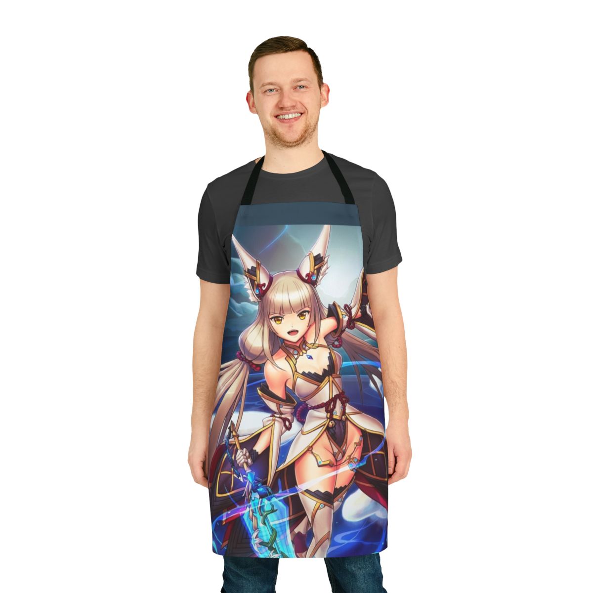 Anime-inspired cosplay apron featuring Nia Blade character design