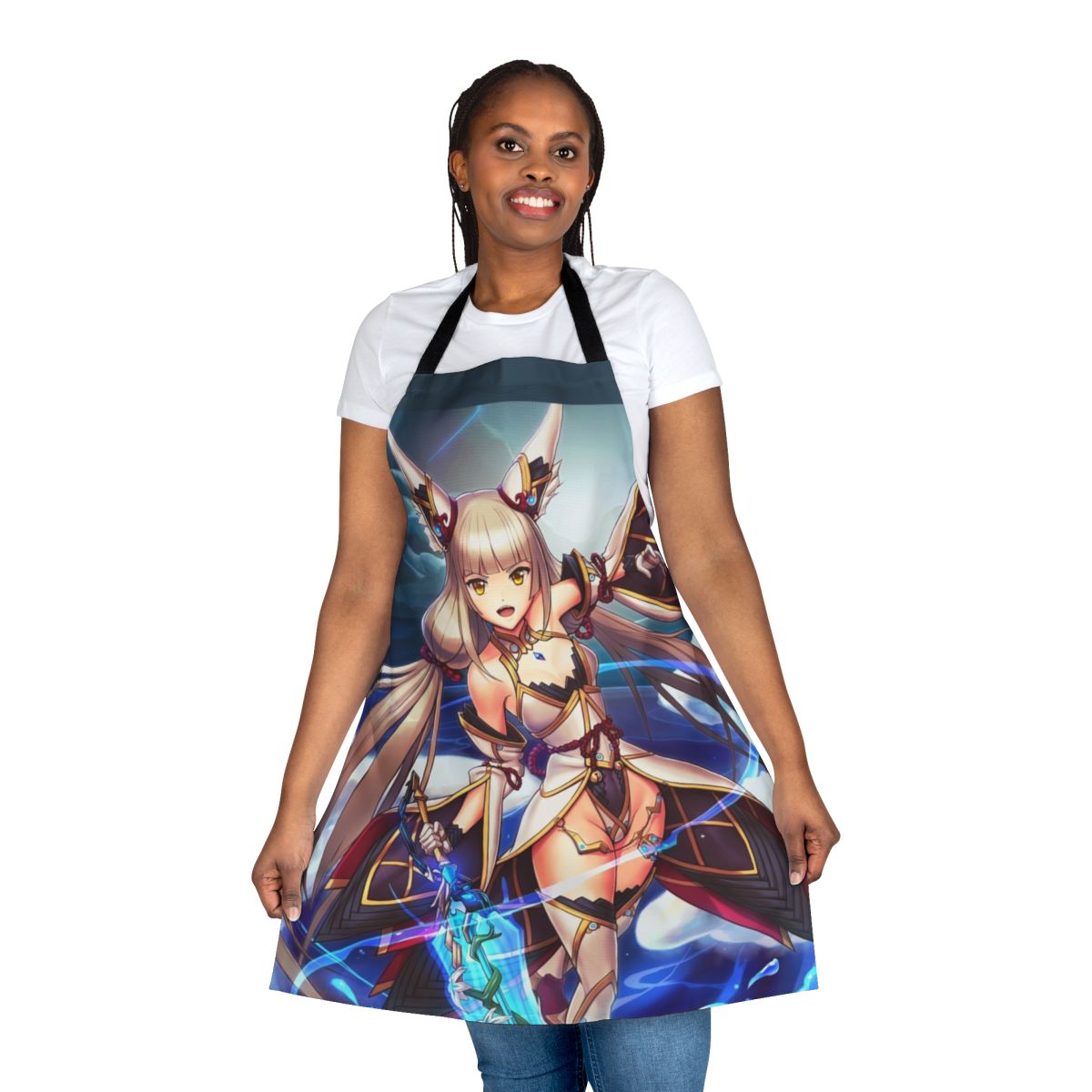 Anime-inspired cosplay apron featuring Nia Blade character design