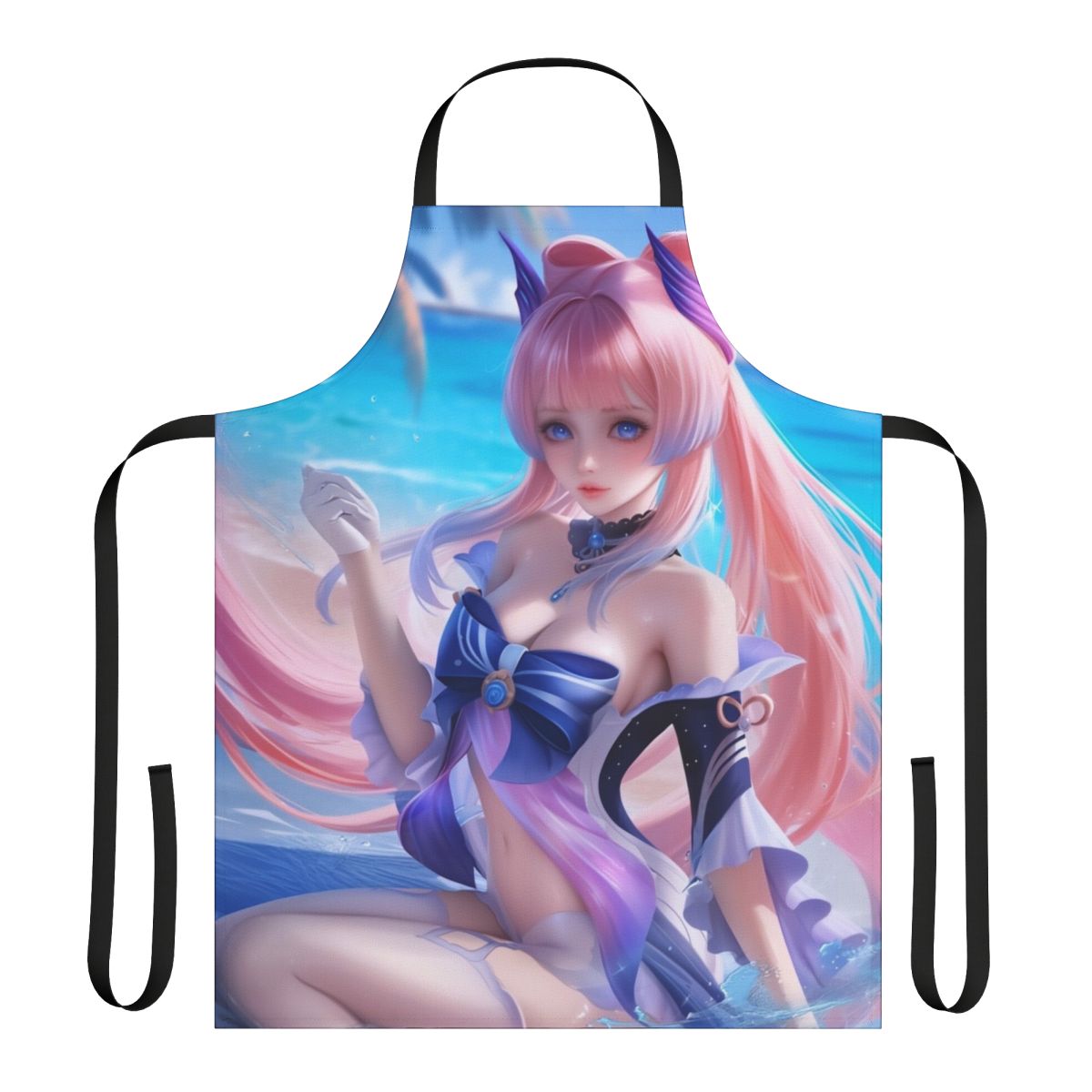 Anime girl in a swimsuit-inspired apron, inspired by the character Kokomi from the game Genshin Impact.