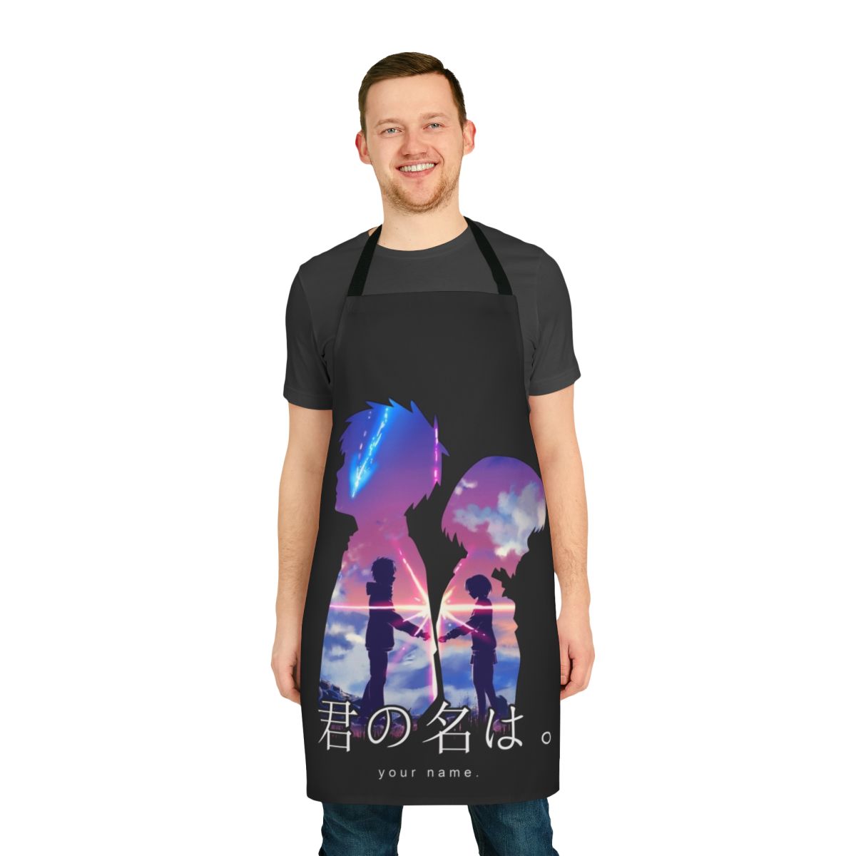 Anime-themed apron featuring characters from the popular Japanese film "Your Name"